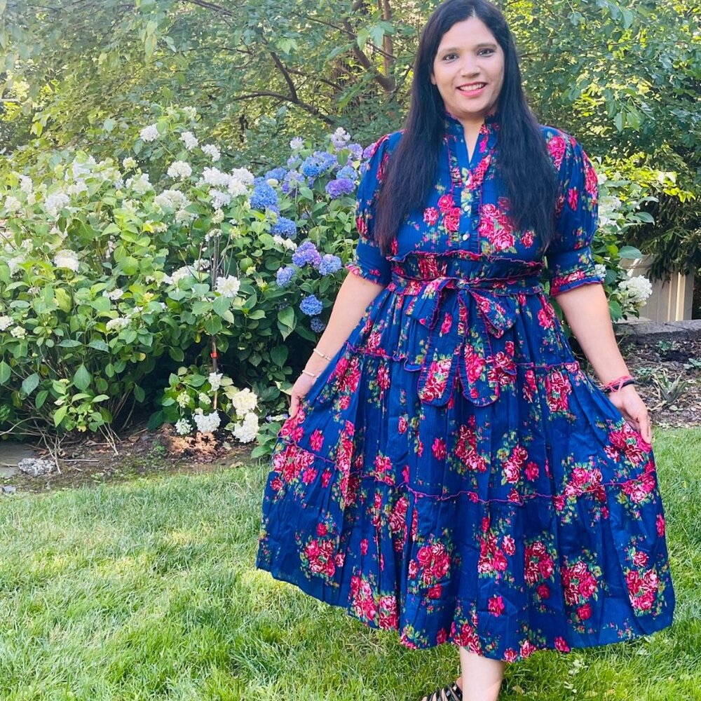 BRAND NEW  Hand Block Printed Dress Blue & Pink Dress Summer Midi Dress